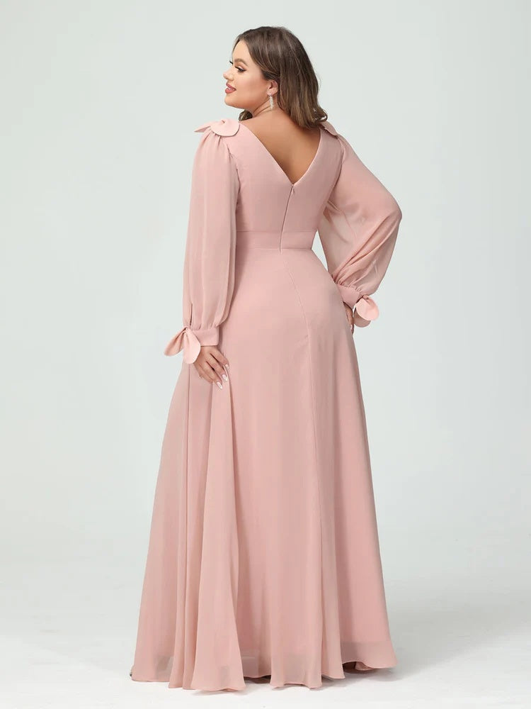 A-Line/Princess V-Neck Long Sleeves Chiffon Split Side Plus Size Bridesmaid Dresses with Pockets