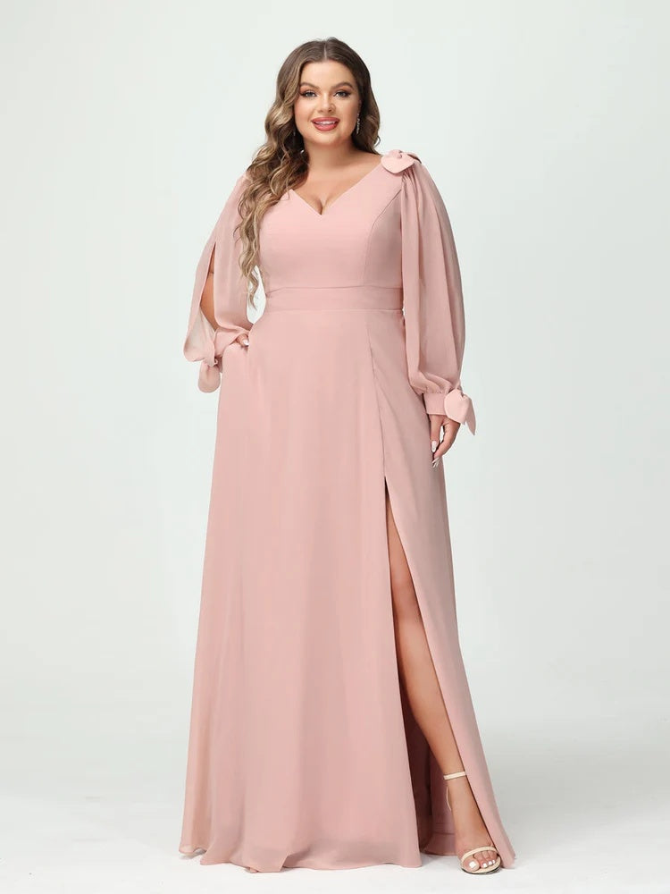 A-Line/Princess V-Neck Long Sleeves Chiffon Split Side Plus Size Bridesmaid Dresses with Pockets