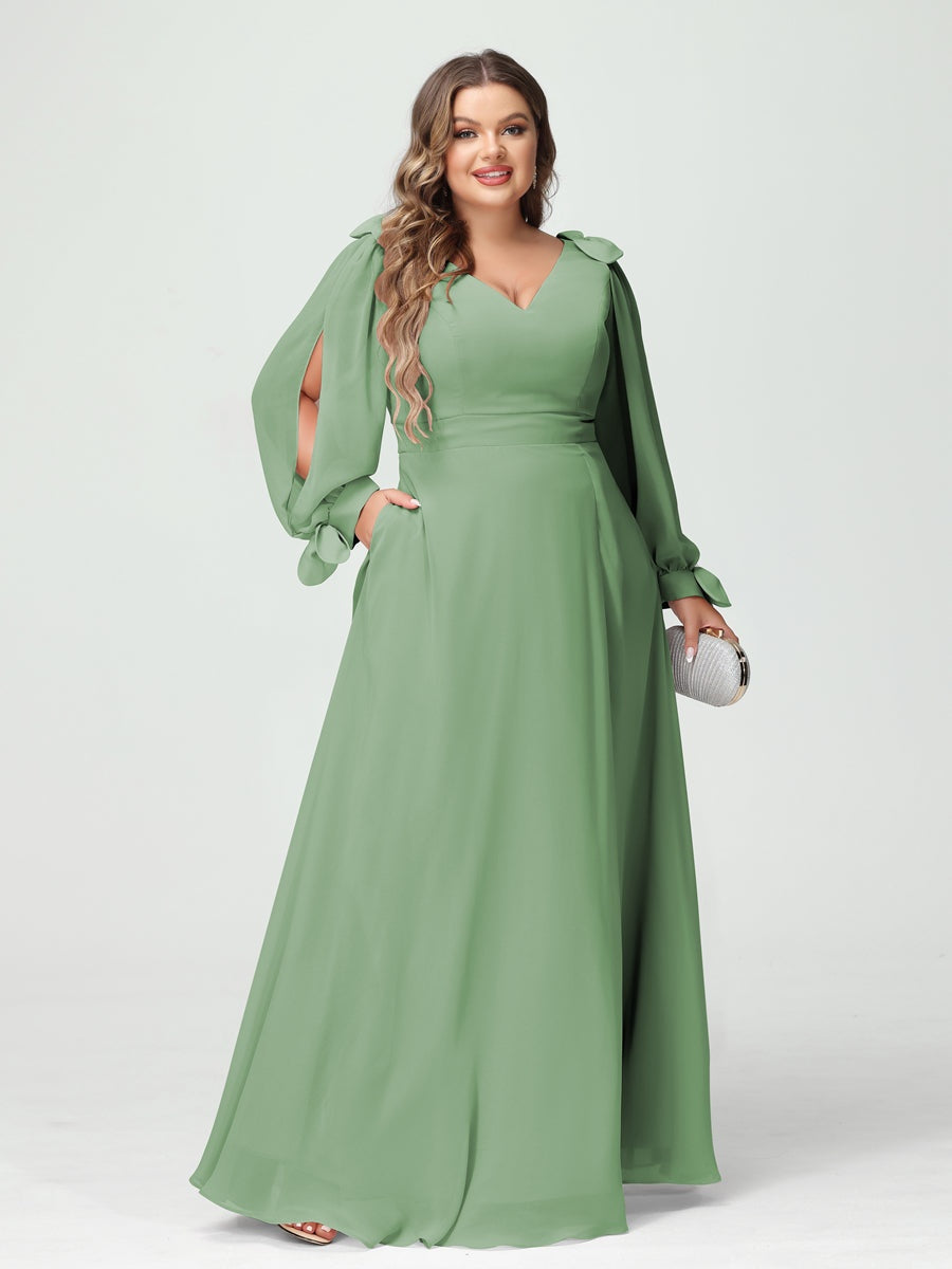 A-Line/Princess V-Neck Long Sleeves Chiffon Split Side Plus Size Bridesmaid Dresses with Pockets