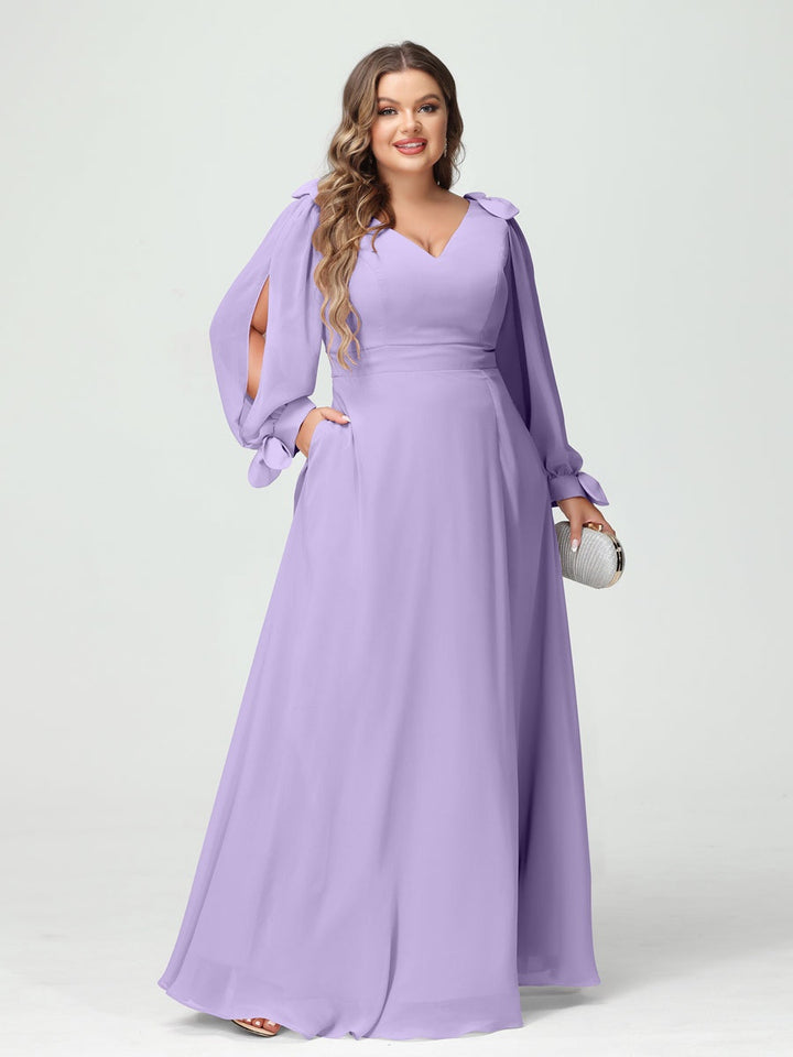 A-Line/Princess V-Neck Long Sleeves Chiffon Split Side Plus Size Bridesmaid Dresses with Pockets