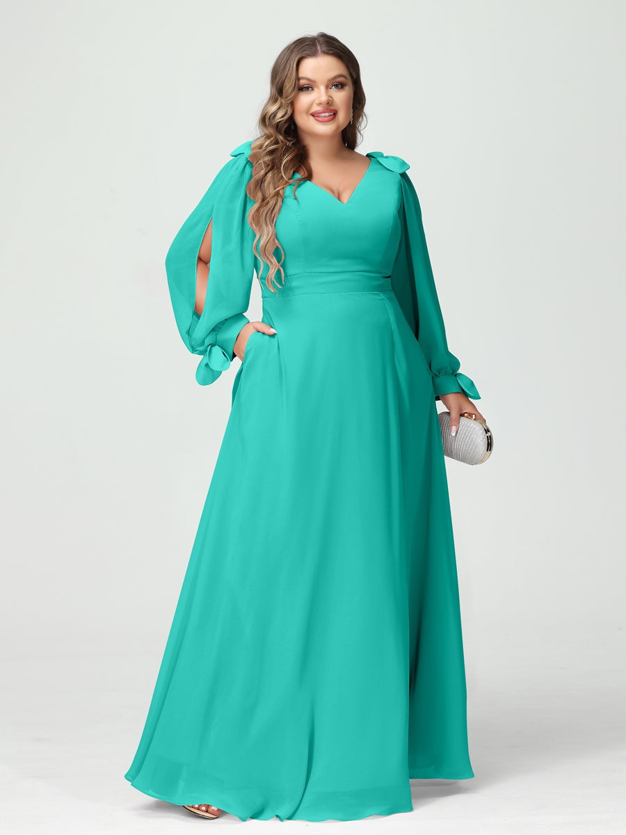 A-Line/Princess V-Neck Long Sleeves Chiffon Split Side Plus Size Bridesmaid Dresses with Pockets