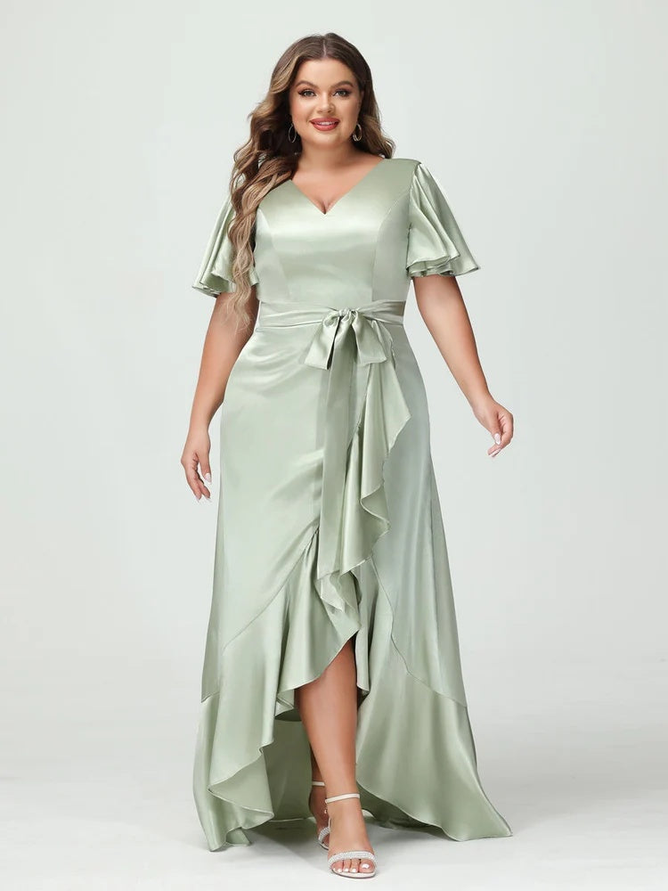 Sheath/Column V-Neck Short Sleeves Ruffles Asymmetrical Plus Size Dresses with Pockets & Sash