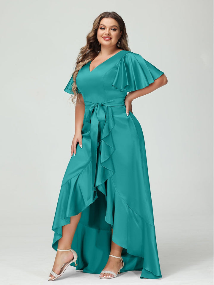 Sheath/Column V-Neck Short Sleeves Ruffles Asymmetrical Plus Size Dresses with Pockets & Sash