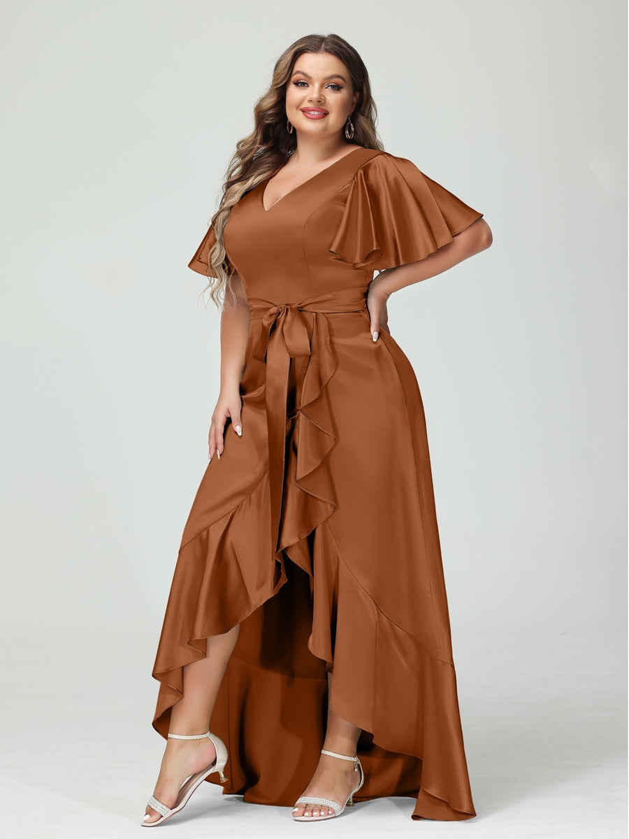 Sheath/Column V-Neck Short Sleeves Ruffles Asymmetrical Plus Size Dresses with Pockets & Sash