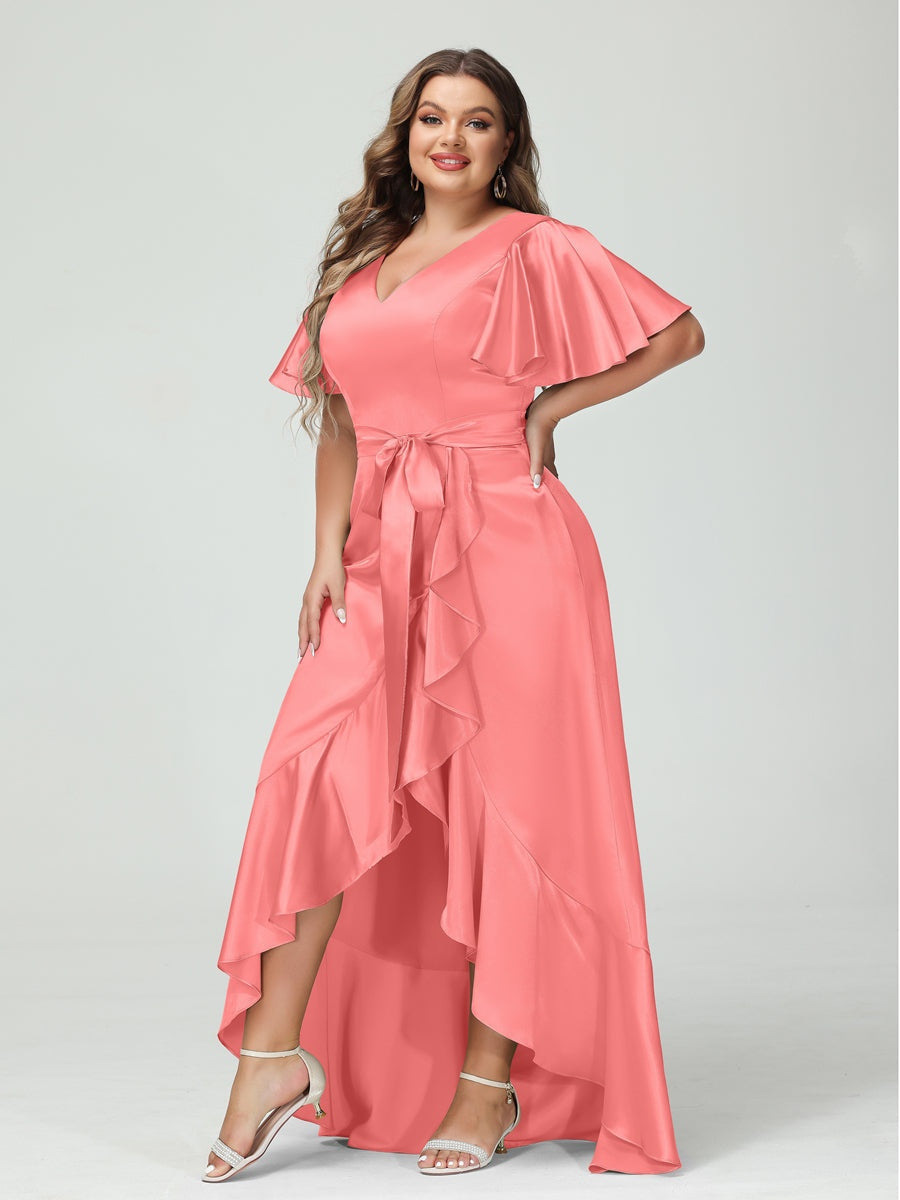 Sheath/Column V-Neck Short Sleeves Ruffles Asymmetrical Plus Size Dresses with Pockets & Sash