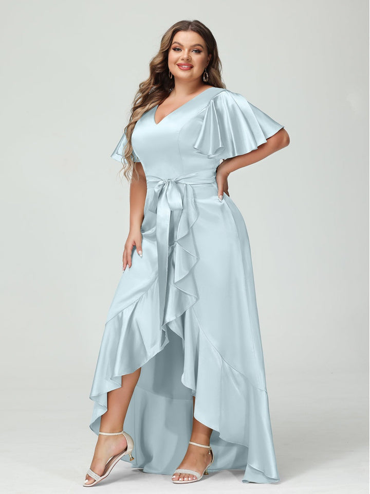 Sheath/Column V-Neck Short Sleeves Ruffles Asymmetrical Plus Size Dresses with Pockets & Sash