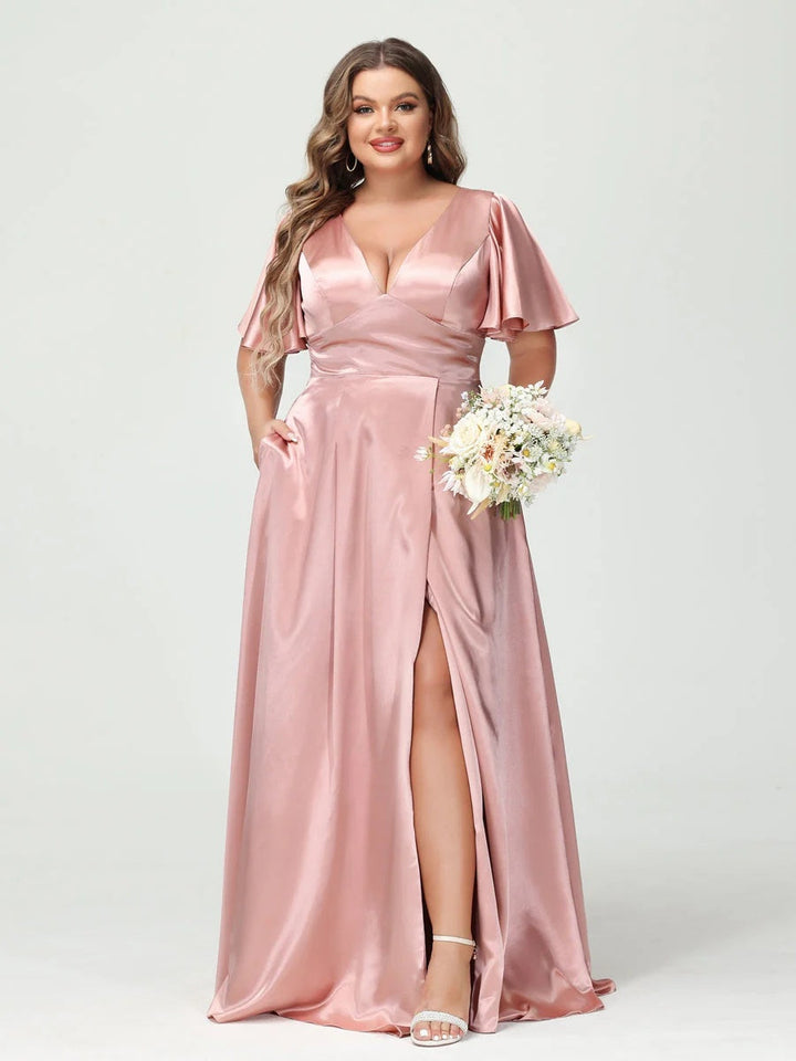 A-Line V-Neck Half Sleeves Silk Satin Plus Size Bridesmaid Dresses with Pockets