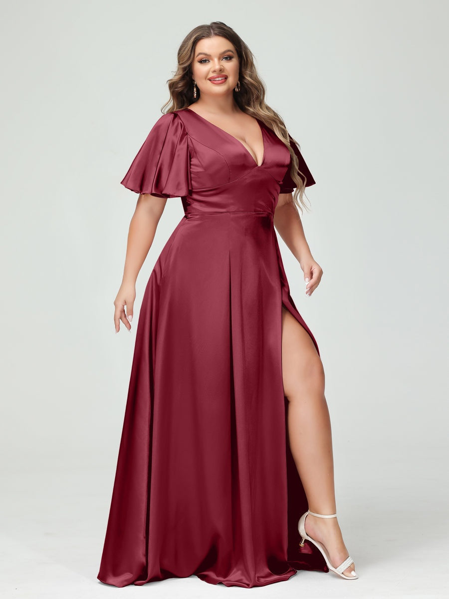 A-Line V-Neck Half Sleeves Silk Satin Plus Size Bridesmaid Dresses with Pockets