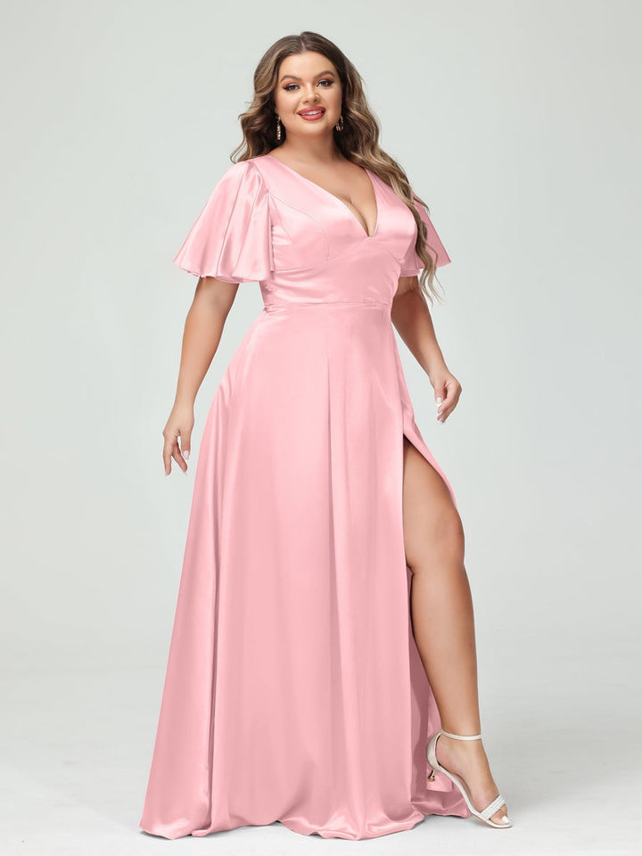 A-Line V-Neck Half Sleeves Silk Satin Plus Size Bridesmaid Dresses with Pockets