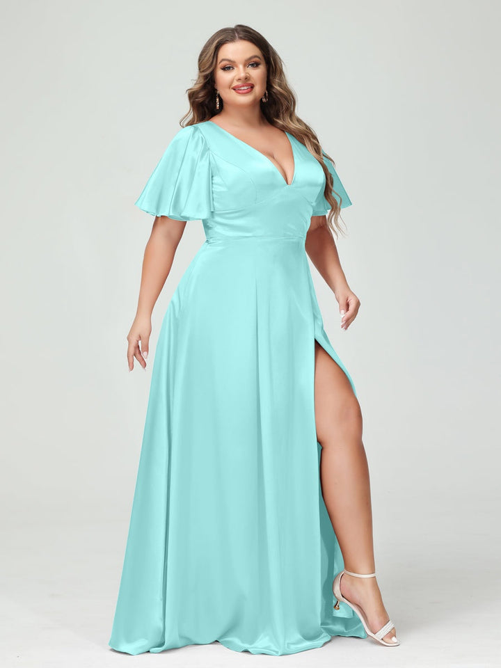 A-Line V-Neck Half Sleeves Silk Satin Plus Size Bridesmaid Dresses with Pockets