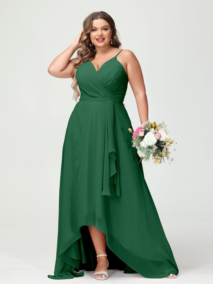 A-Line/Princess Spaghetti Straps Chiffon Ruffles Asymmetrical Plus Size Bridesmaid Dresses with Pockets