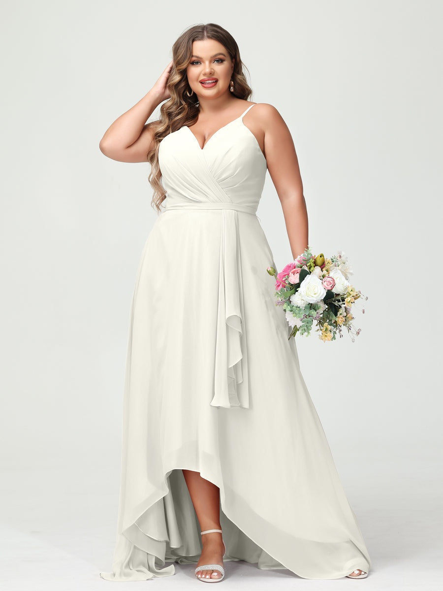 A-Line/Princess Spaghetti Straps Chiffon Ruffles Asymmetrical Plus Size Bridesmaid Dresses with Pockets