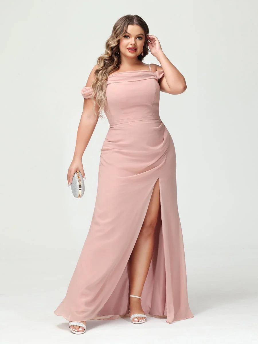 Sheath/Column Spaghetti Straps Off-the-Shoulder Chiffon Split Side Plus Size Bridesmaid Dresses