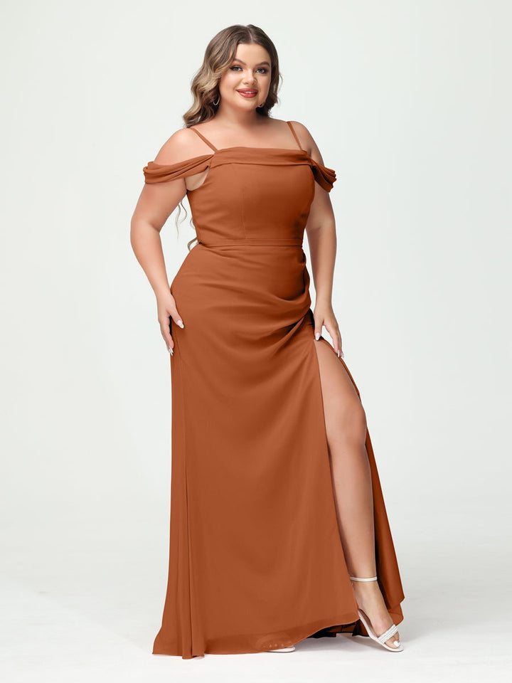 Sheath/Column Spaghetti Straps Off-the-Shoulder Chiffon Split Side Plus Size Bridesmaid Dresses