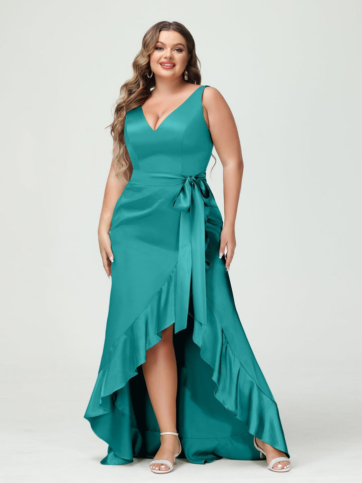 Sheath/Column V-Neck Sleeveless Ruffles High Low Plus Size Dresses with Pockets & Sash