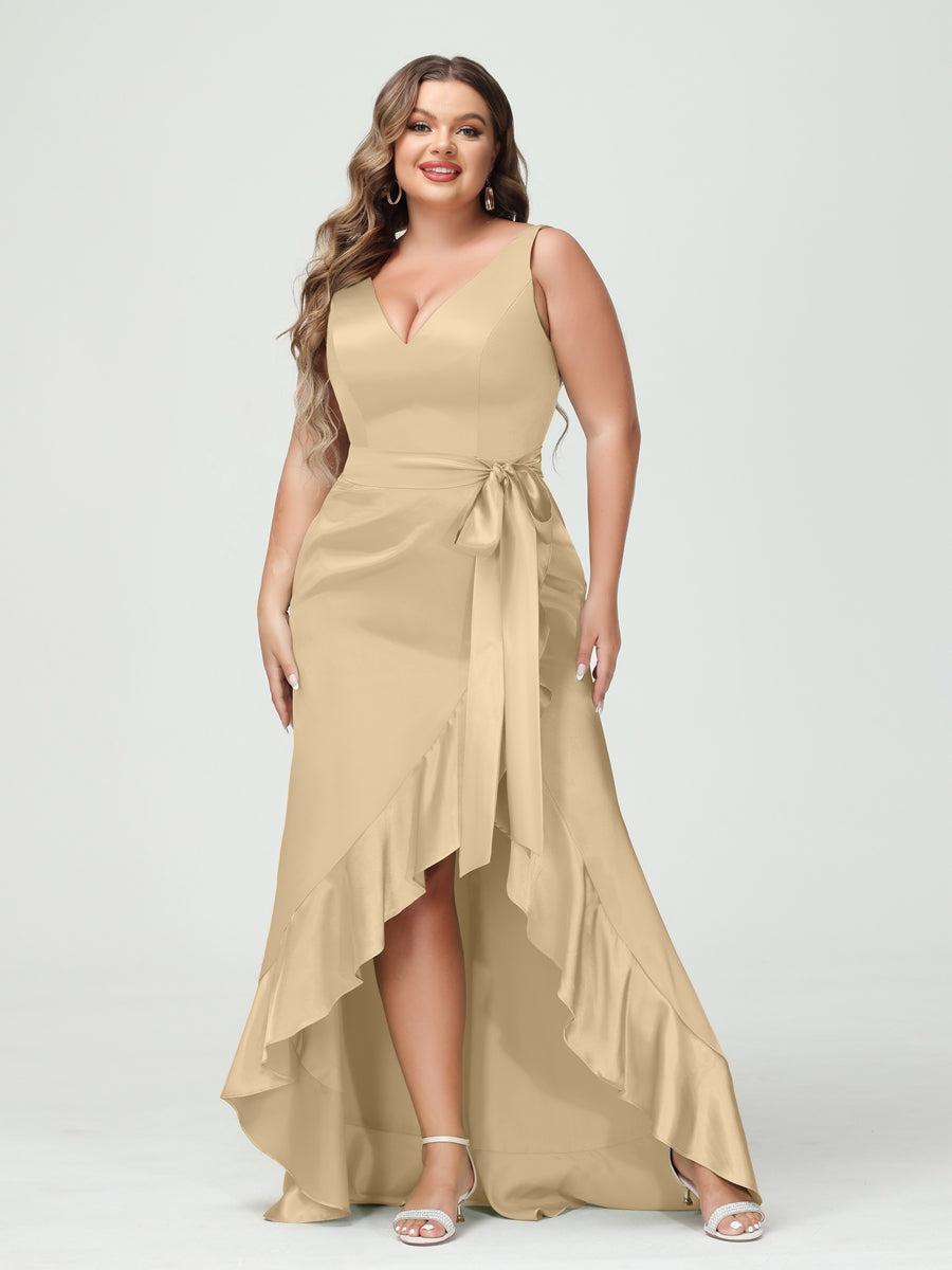 Sheath/Column V-Neck Sleeveless Ruffles High Low Plus Size Dresses with Pockets & Sash