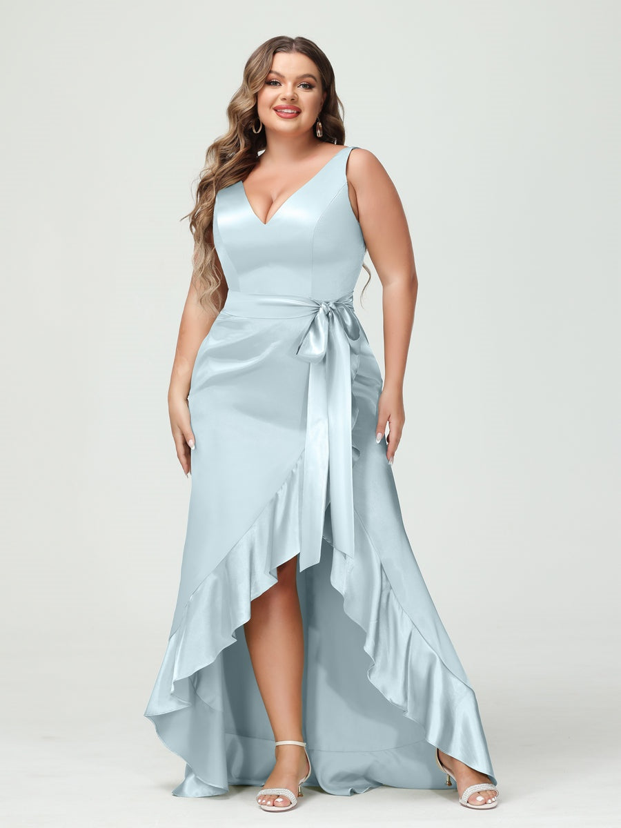 Sheath/Column V-Neck Sleeveless Ruffles High Low Plus Size Dresses with Pockets & Sash