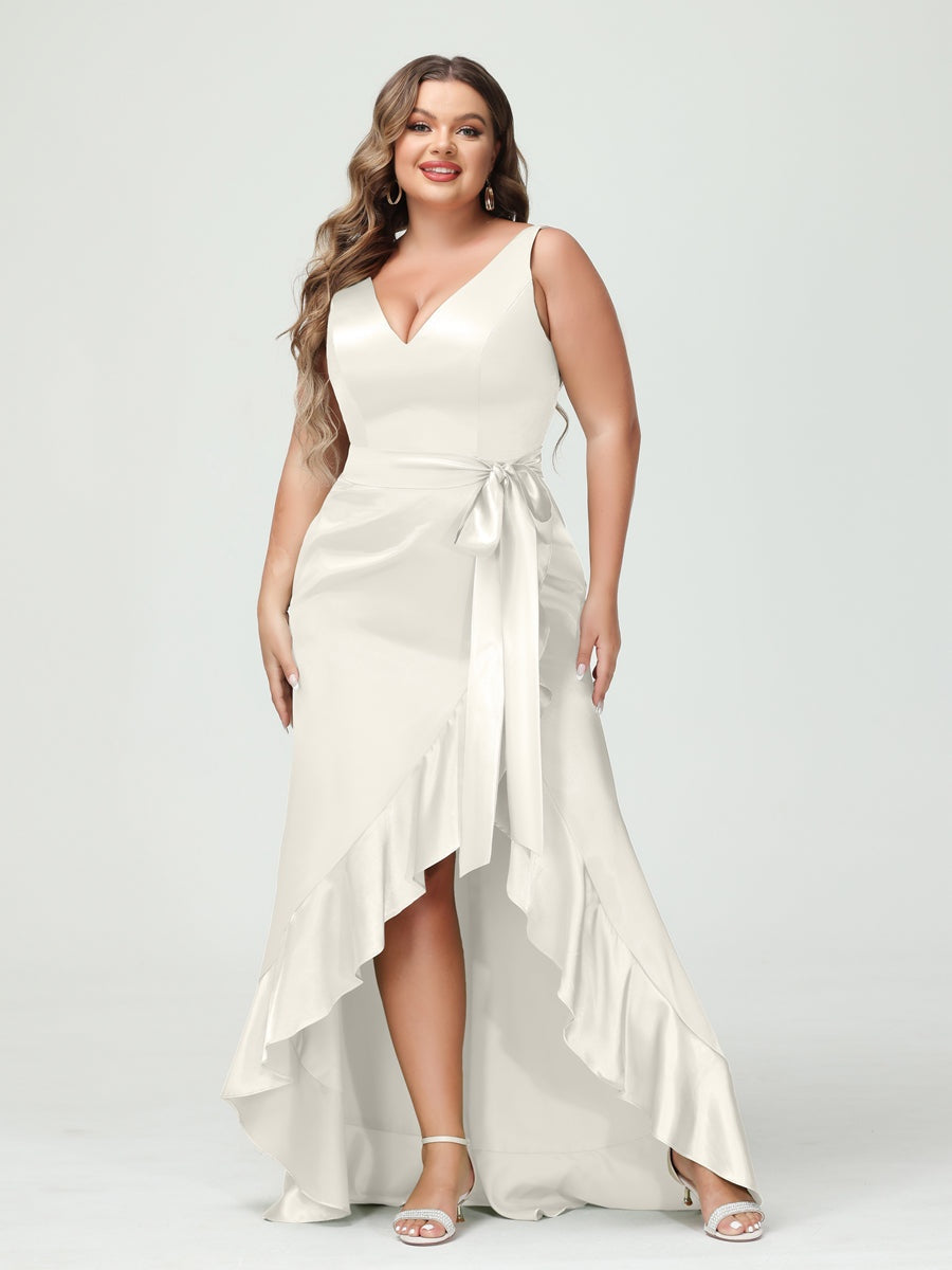 Sheath/Column V-Neck Sleeveless Ruffles High Low Plus Size Dresses with Pockets & Sash