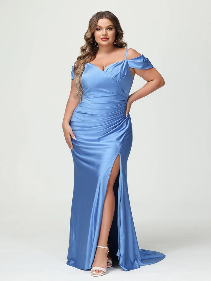 Mermaid Spaghetti Straps V-Neck Short Sleeves Plus Size Maxi Dresses with Split Side