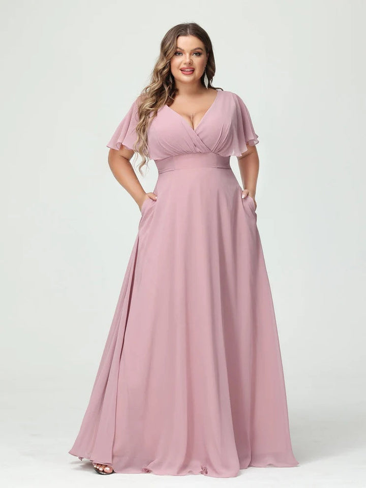 A-Line/Princess V-Neck Short Sleeves Chiffon Plus Size Bridesmaid Dresses with Pockets