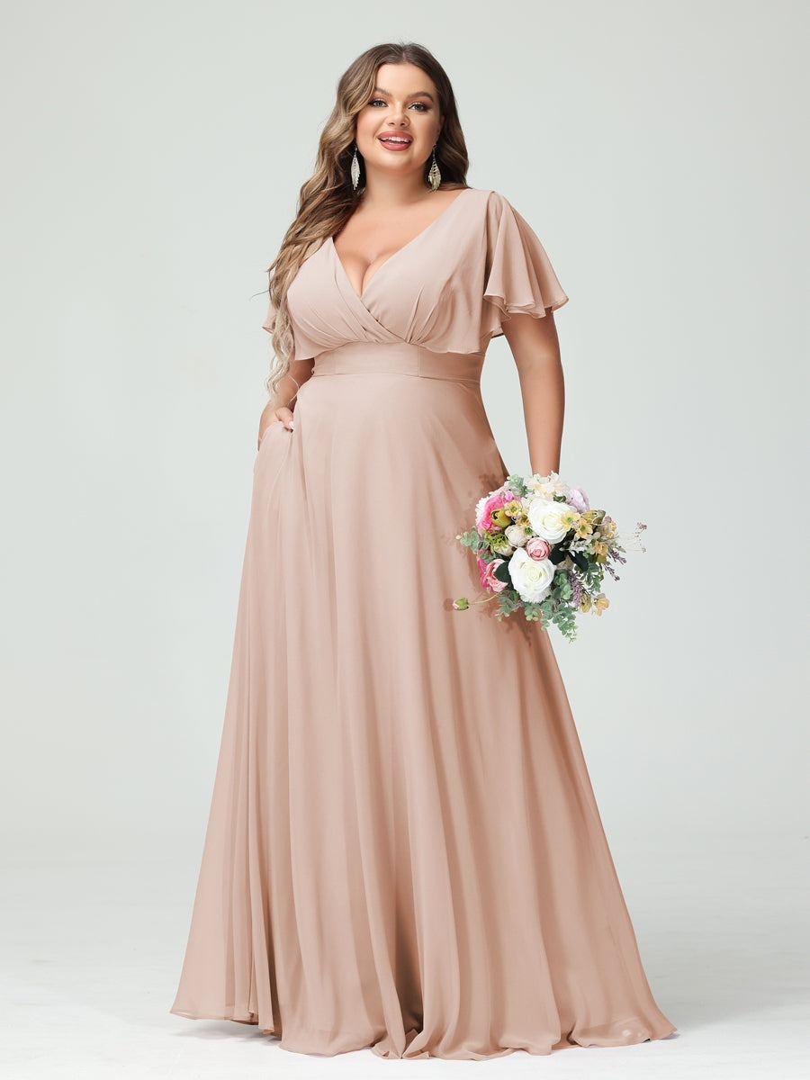 A-Line/Princess V-Neck Short Sleeves Chiffon Plus Size Bridesmaid Dresses with Pockets