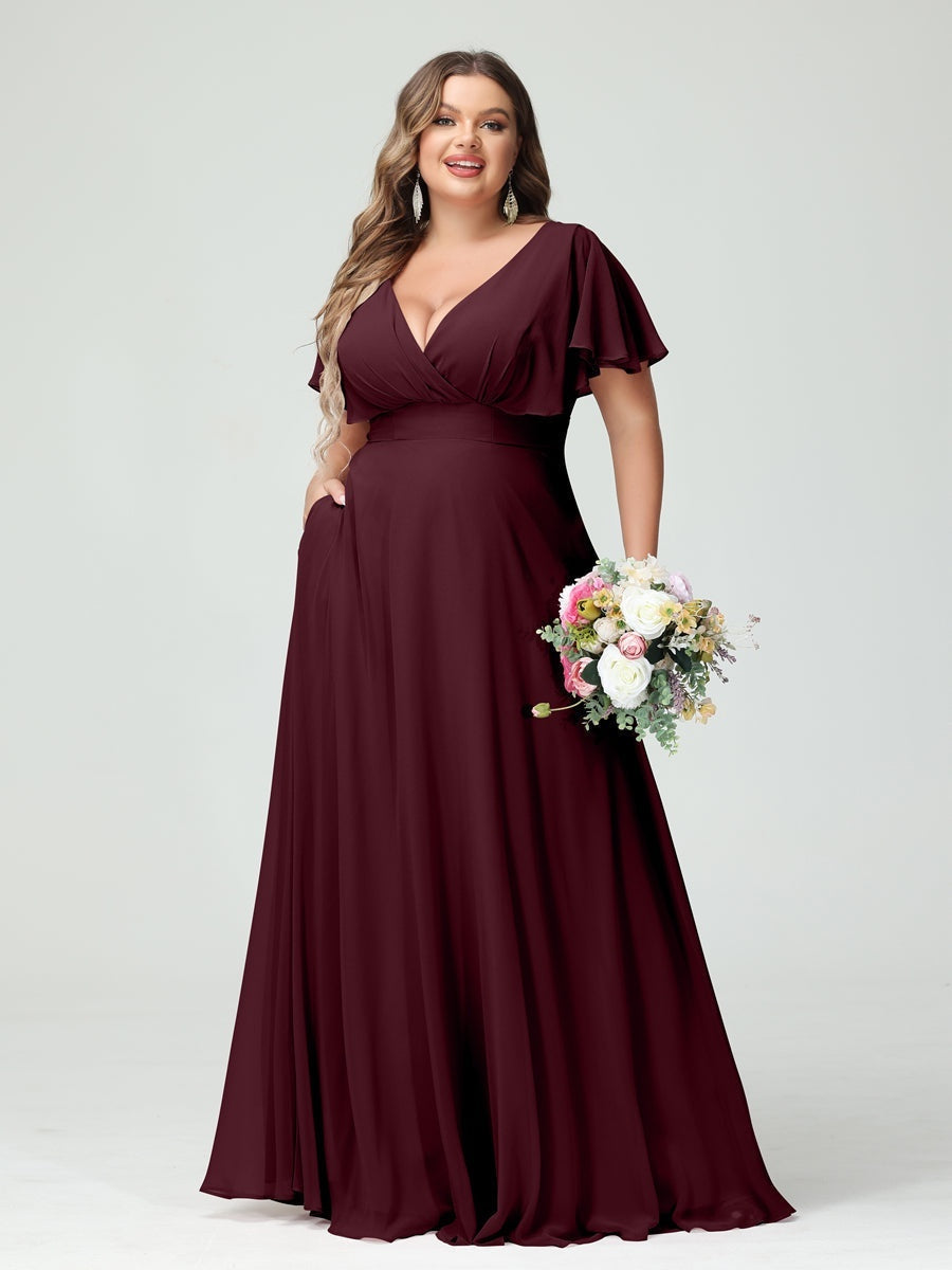 A-Line/Princess V-Neck Short Sleeves Chiffon Plus Size Bridesmaid Dresses with Pockets