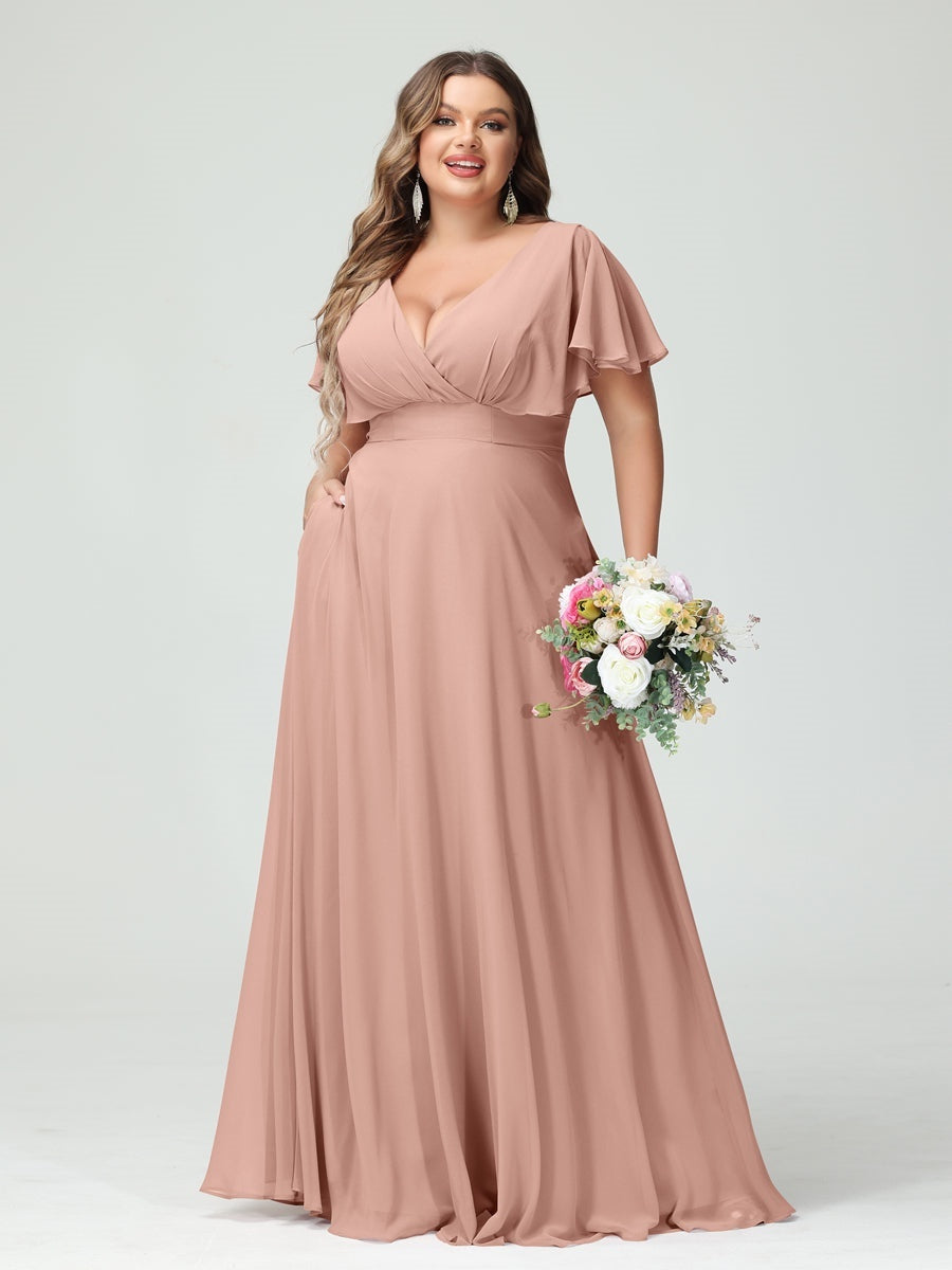 A-Line/Princess V-Neck Short Sleeves Chiffon Plus Size Bridesmaid Dresses with Pockets