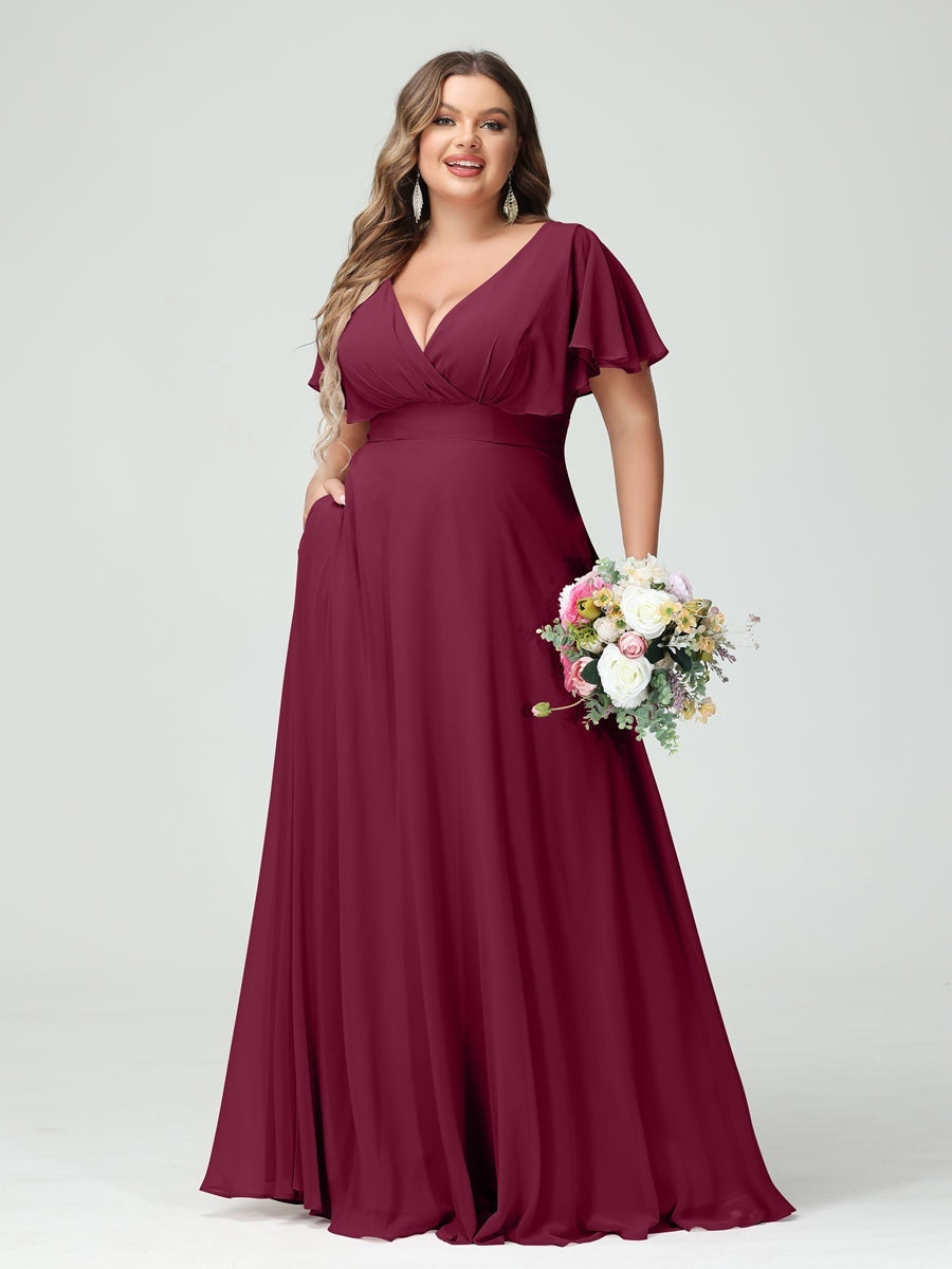 A-Line/Princess V-Neck Short Sleeves Chiffon Plus Size Bridesmaid Dresses with Pockets