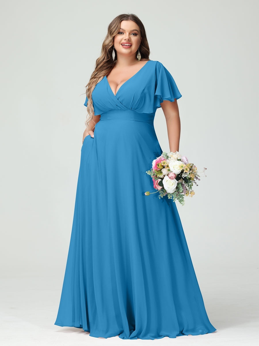 A-Line/Princess V-Neck Short Sleeves Chiffon Plus Size Bridesmaid Dresses with Pockets