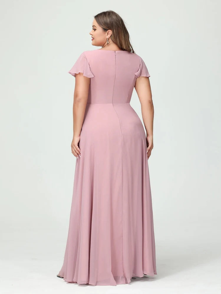 A-Line/Princess V-Neck Short Sleeves Chiffon Ruffles Split Side Plus Size Bridesmaid Dresses with Pockets