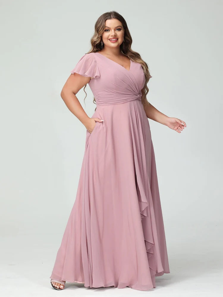 A-Line/Princess V-Neck Short Sleeves Chiffon Ruffles Split Side Plus Size Bridesmaid Dresses with Pockets