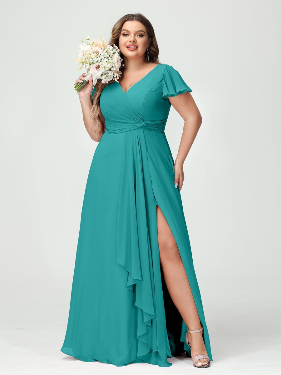 A-Line/Princess V-Neck Short Sleeves Chiffon Ruffles Split Side Plus Size Bridesmaid Dresses with Pockets