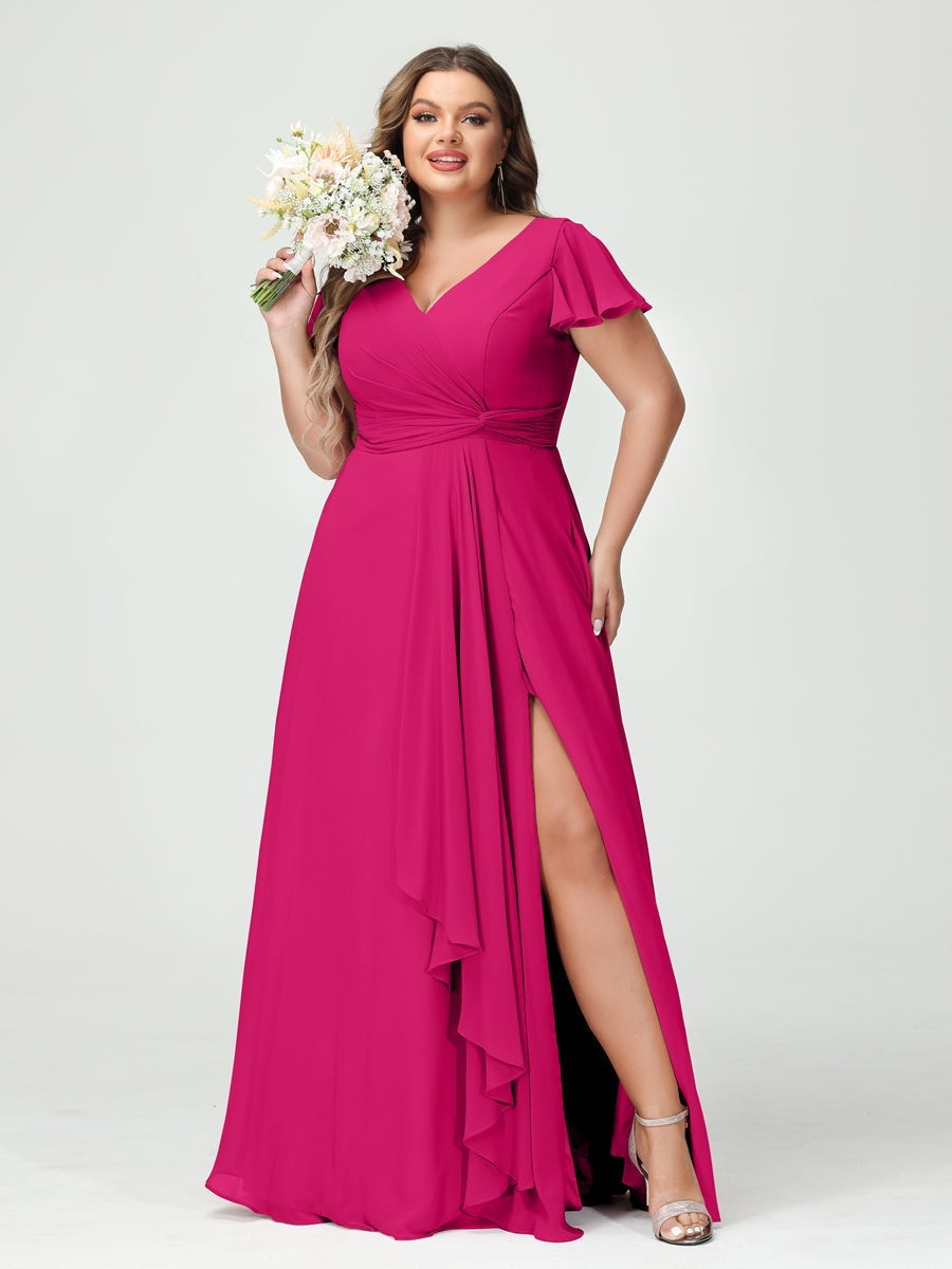 A-Line/Princess V-Neck Short Sleeves Chiffon Ruffles Split Side Plus Size Bridesmaid Dresses with Pockets