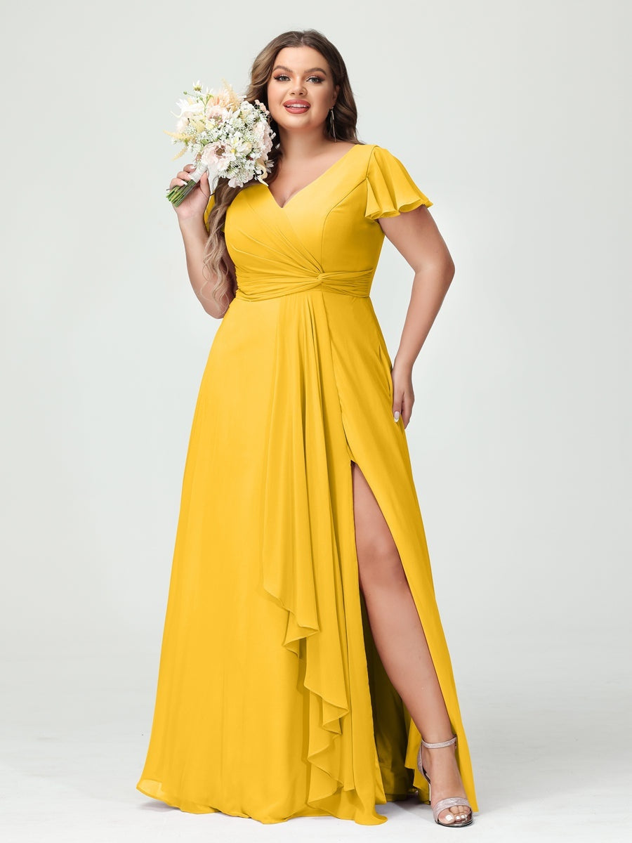 A-Line/Princess V-Neck Short Sleeves Chiffon Ruffles Split Side Plus Size Bridesmaid Dresses with Pockets