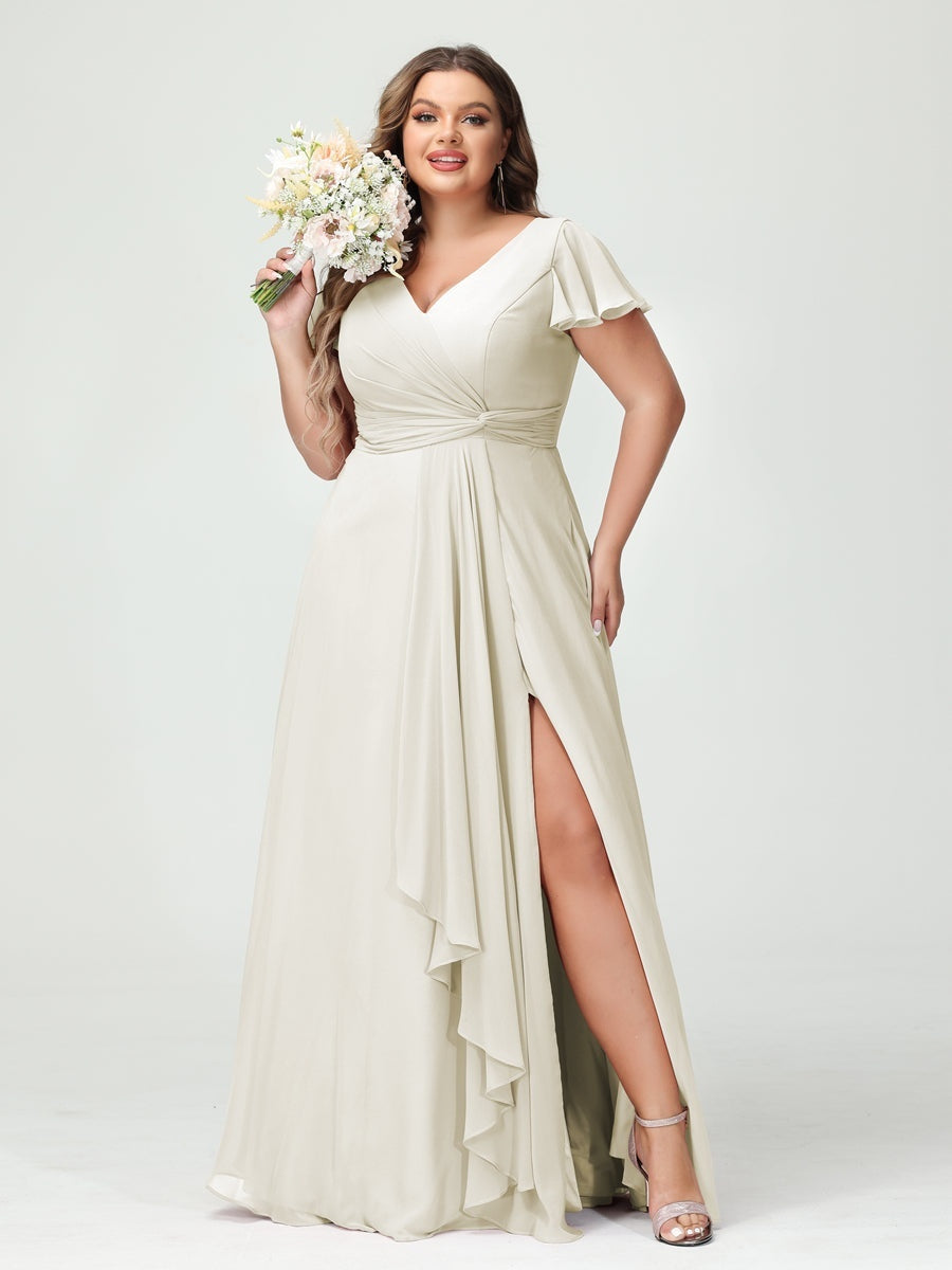 A-Line/Princess V-Neck Short Sleeves Chiffon Ruffles Split Side Plus Size Bridesmaid Dresses with Pockets