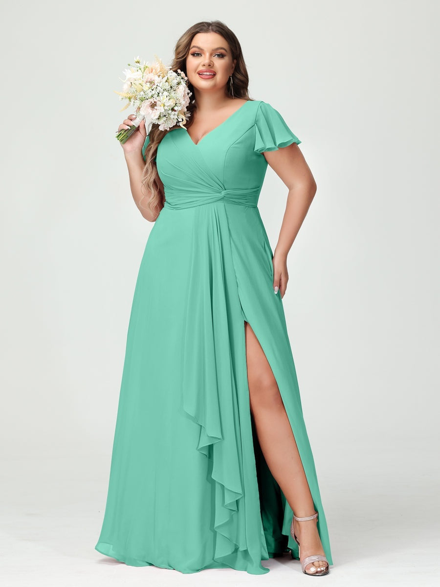 A-Line/Princess V-Neck Short Sleeves Chiffon Ruffles Split Side Plus Size Bridesmaid Dresses with Pockets