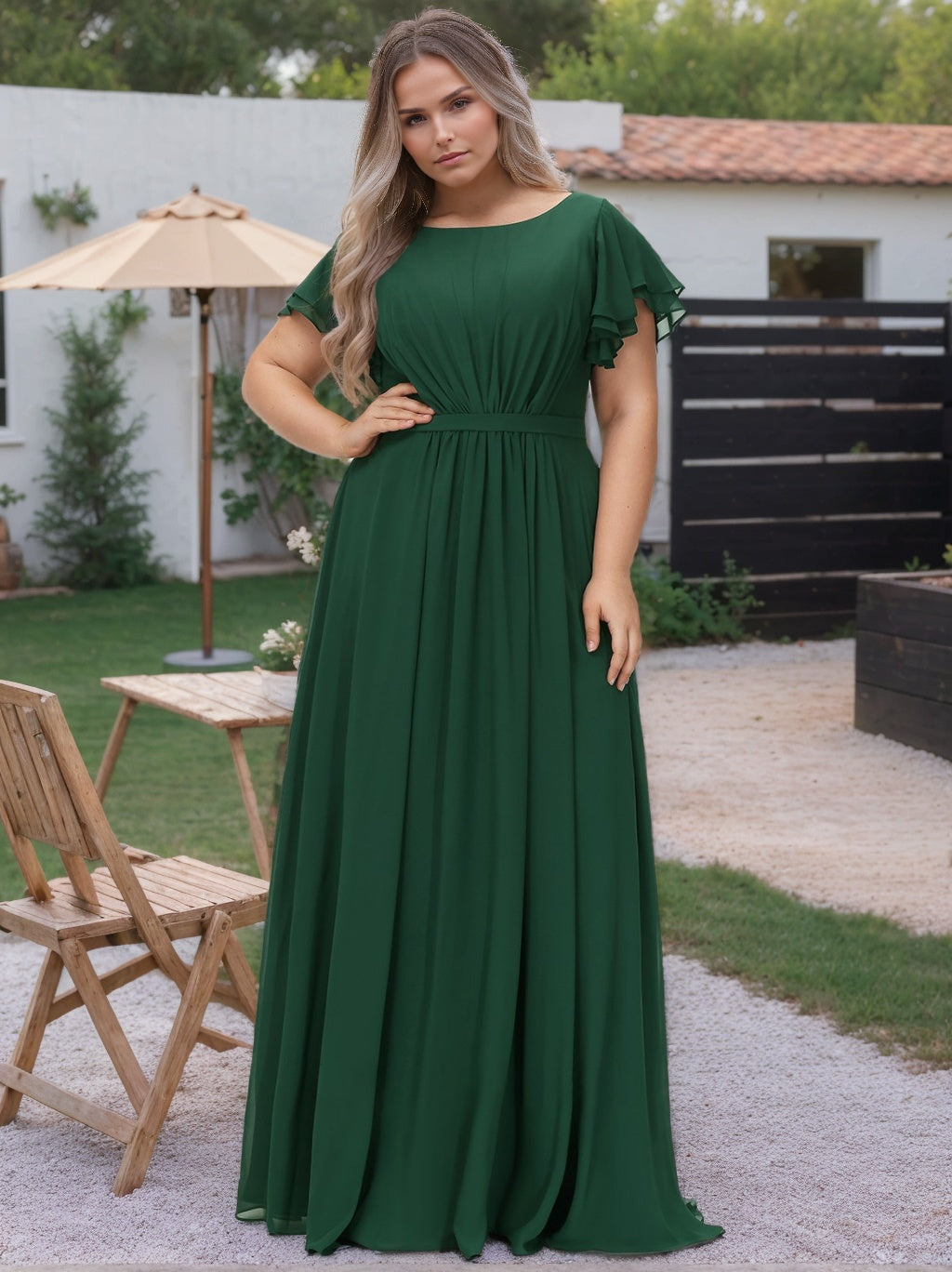 A-Line/Princess Scoop Neck Short Sleeves Floor-Length Plus Size Bridesmaid Dress With Ruffles