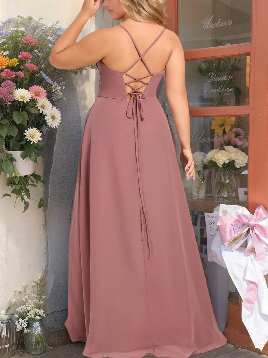 A-Line/Princess V-Neck Spaghetti Straps Sleeveless Plus Size Floor-Length Bridesmaid Dress