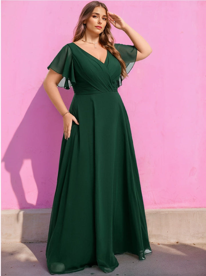 A-Line/Princess V-Neck Short Sleeves Floor-Length Plus Size Chiffon Bridesmaid Dresses With Split Side