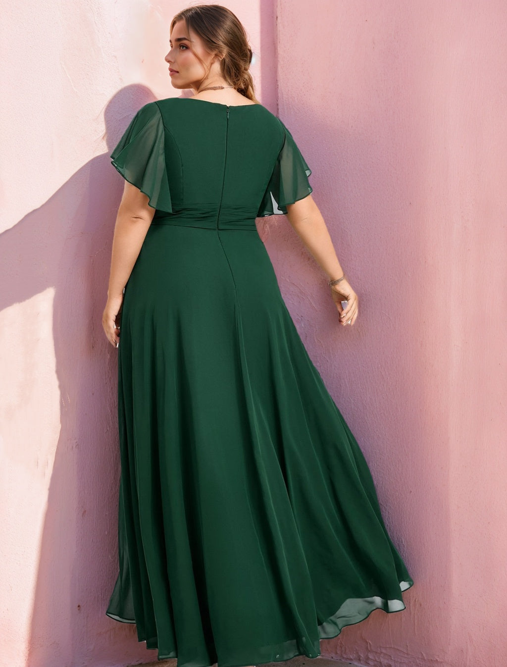 A-Line/Princess V-Neck Short Sleeves Floor-Length Plus Size Chiffon Bridesmaid Dresses With Split Side