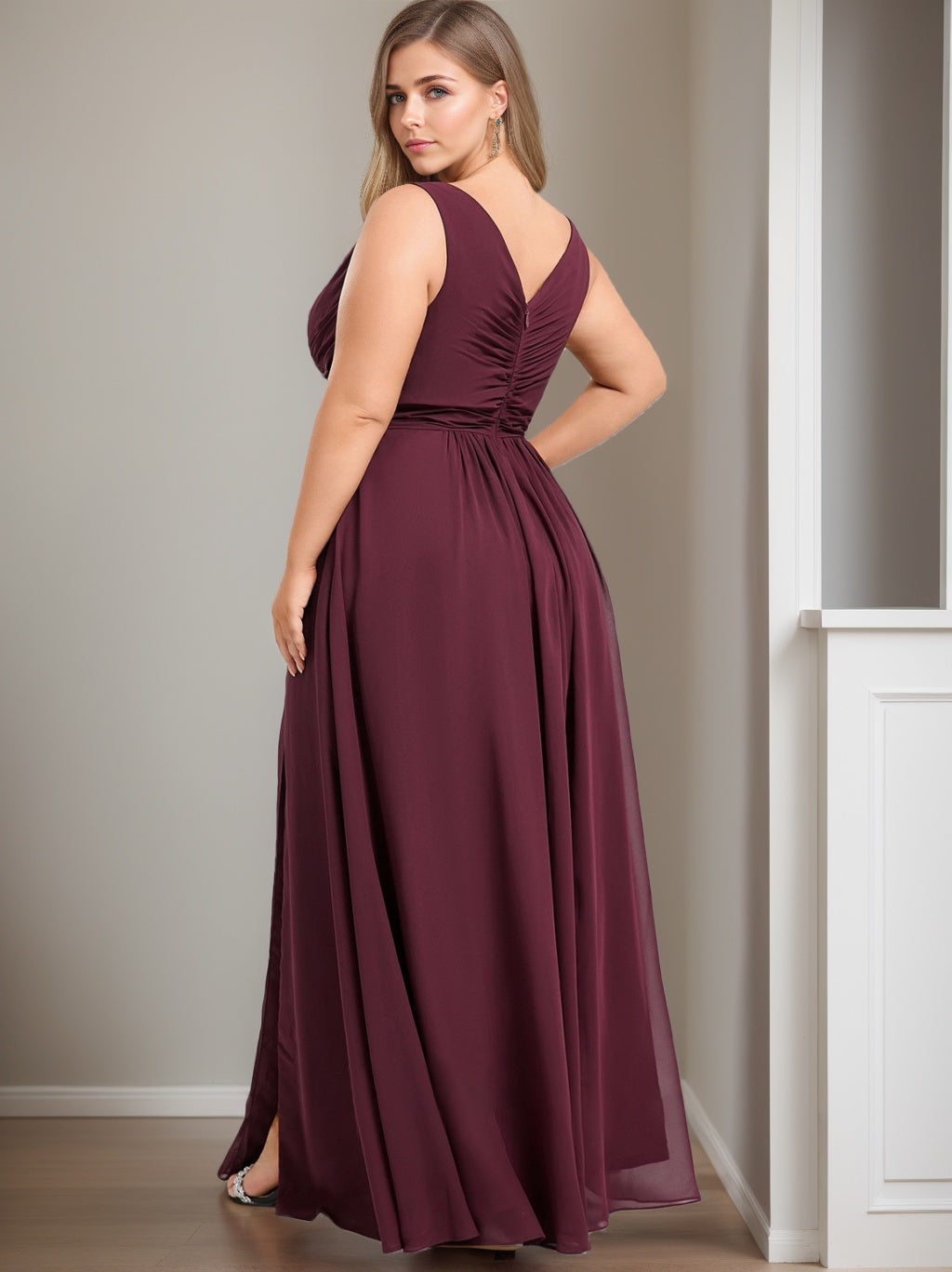 A-Line/Princess Scoop Sleeveless Floor-Length Chiffon Plus Size Bridesmaid Dress With Ruffles