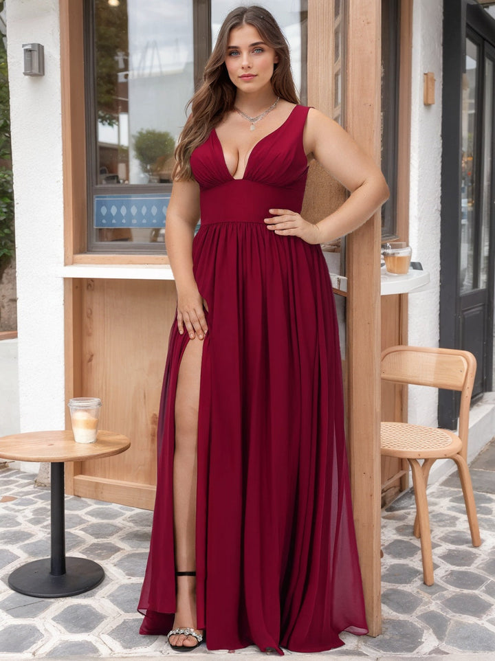 A Line/Princess Deep V-Neck Sleeveless Floor-Length Plus Size Bridesmaid Dresses with Split Side