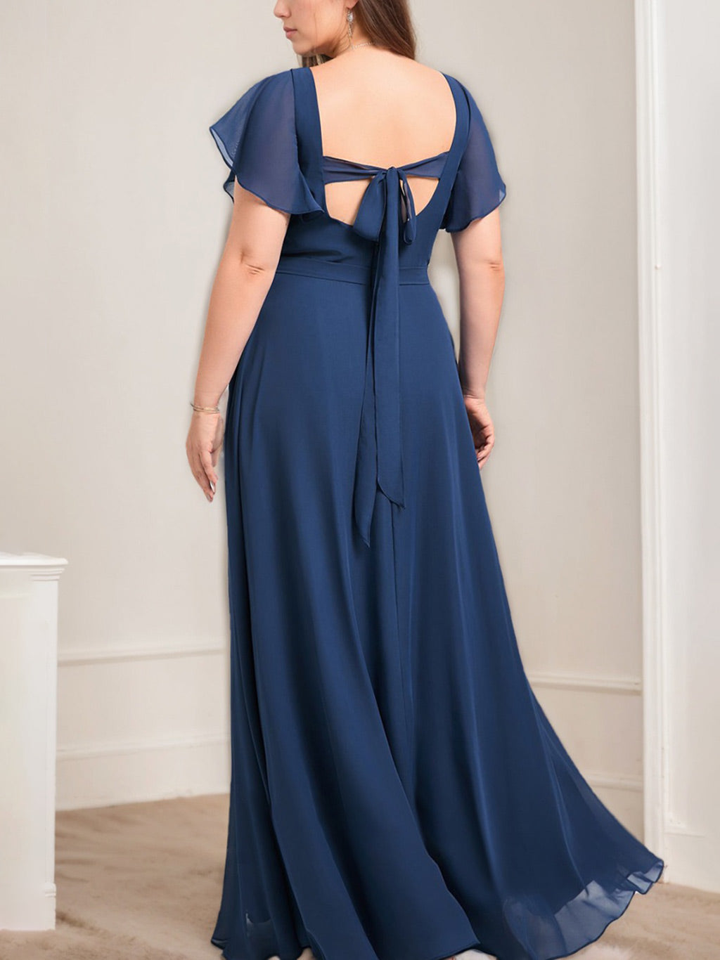 A-Line/Princess V-Neck Short Sleeves Floor-Length Unique Plus Size Bridesmaid Dresses with Split Side