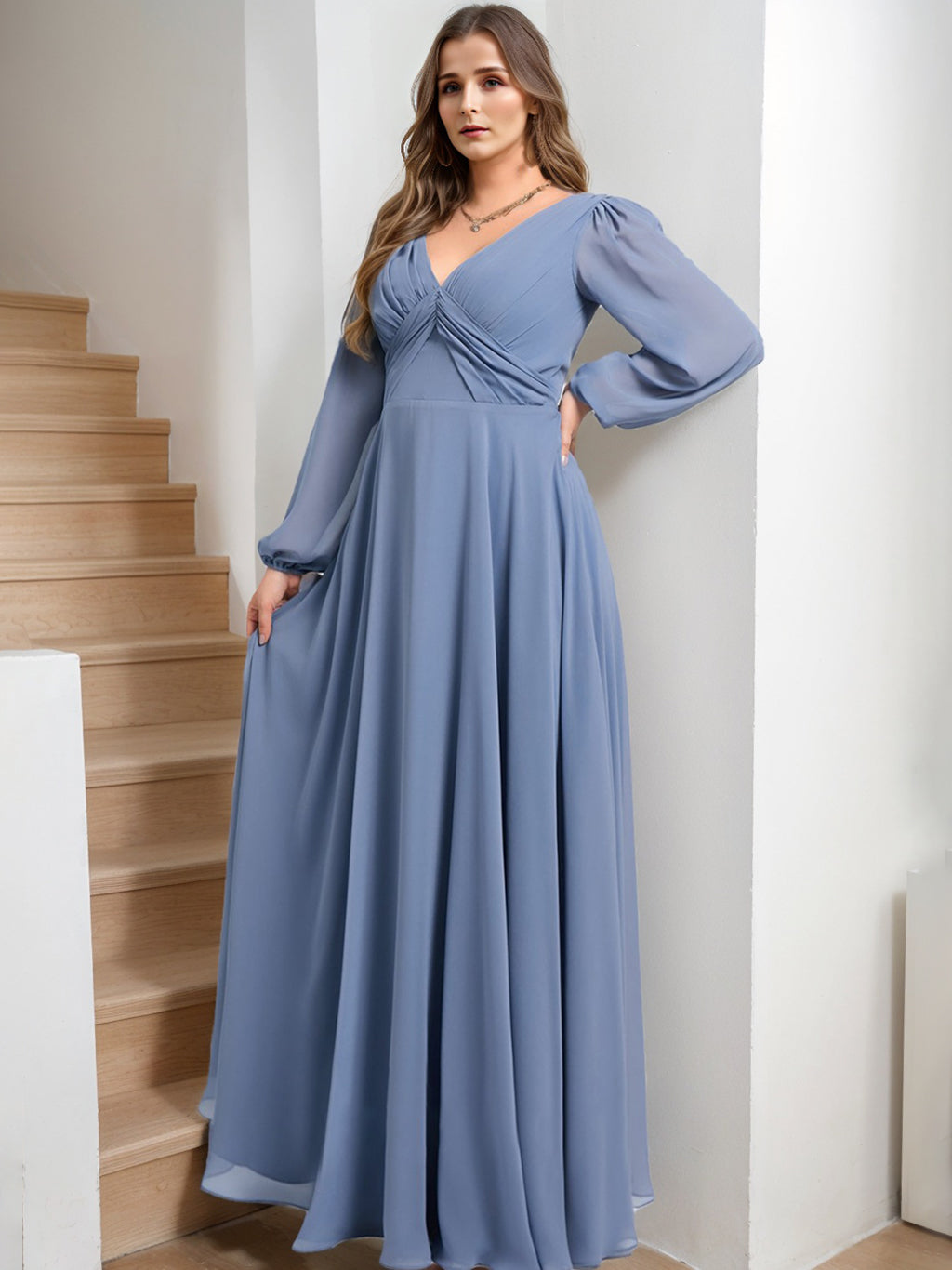 A-Line/Princess V-Neck Long Sleeves Floor-Length Chiffon Plus Size Bridesmaid Dresses with Ruffles