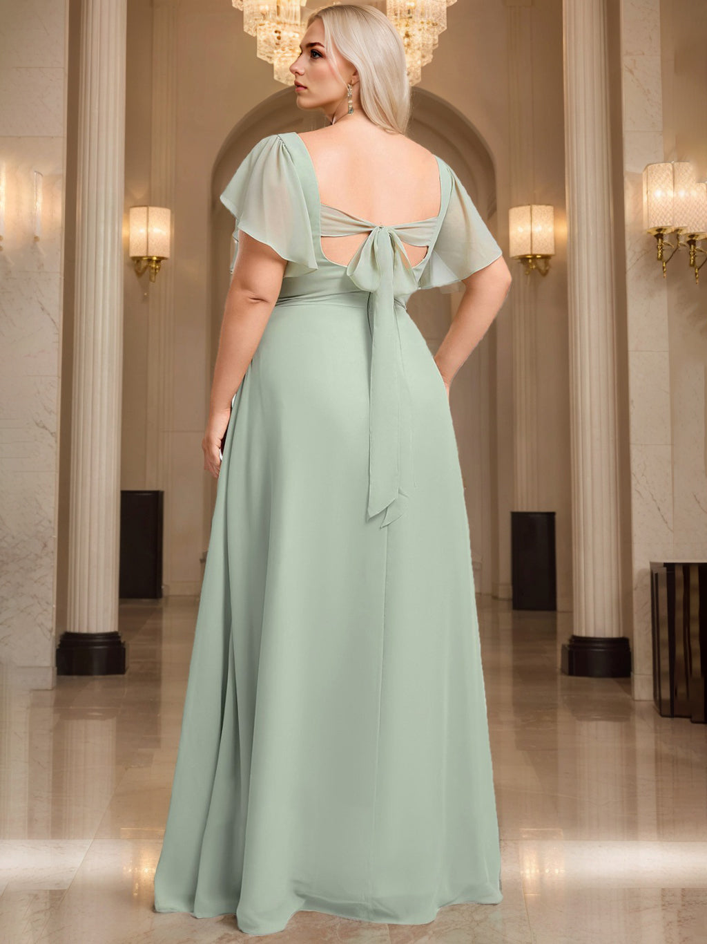 A-Line/Princess V-Neck Short Sleeves Floor-Length Chiffon Plus Size Bridesmaid Dresses