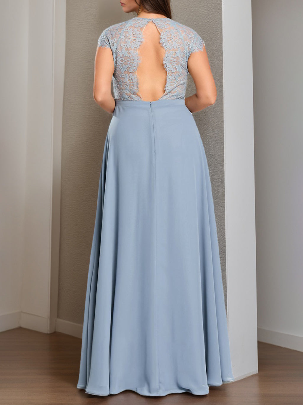 A-Line/Princess Scoop Sleeveless Floor-Length Lace Plus Size Bridesmaid Dress