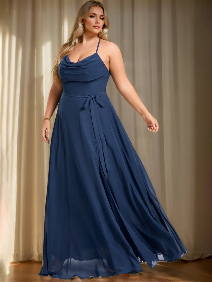 A-Line/Princess Cowl Neck Sleeveless Floor-Length Plus Size Bridesmaid Dresses With Ruffles