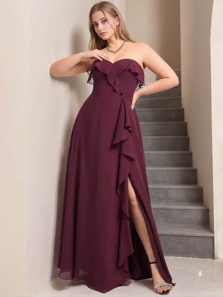 A-Line/Princess Sweetheart Sleeveless Floor-Length Plus Size Bridesmaid Dresses with Ruffles