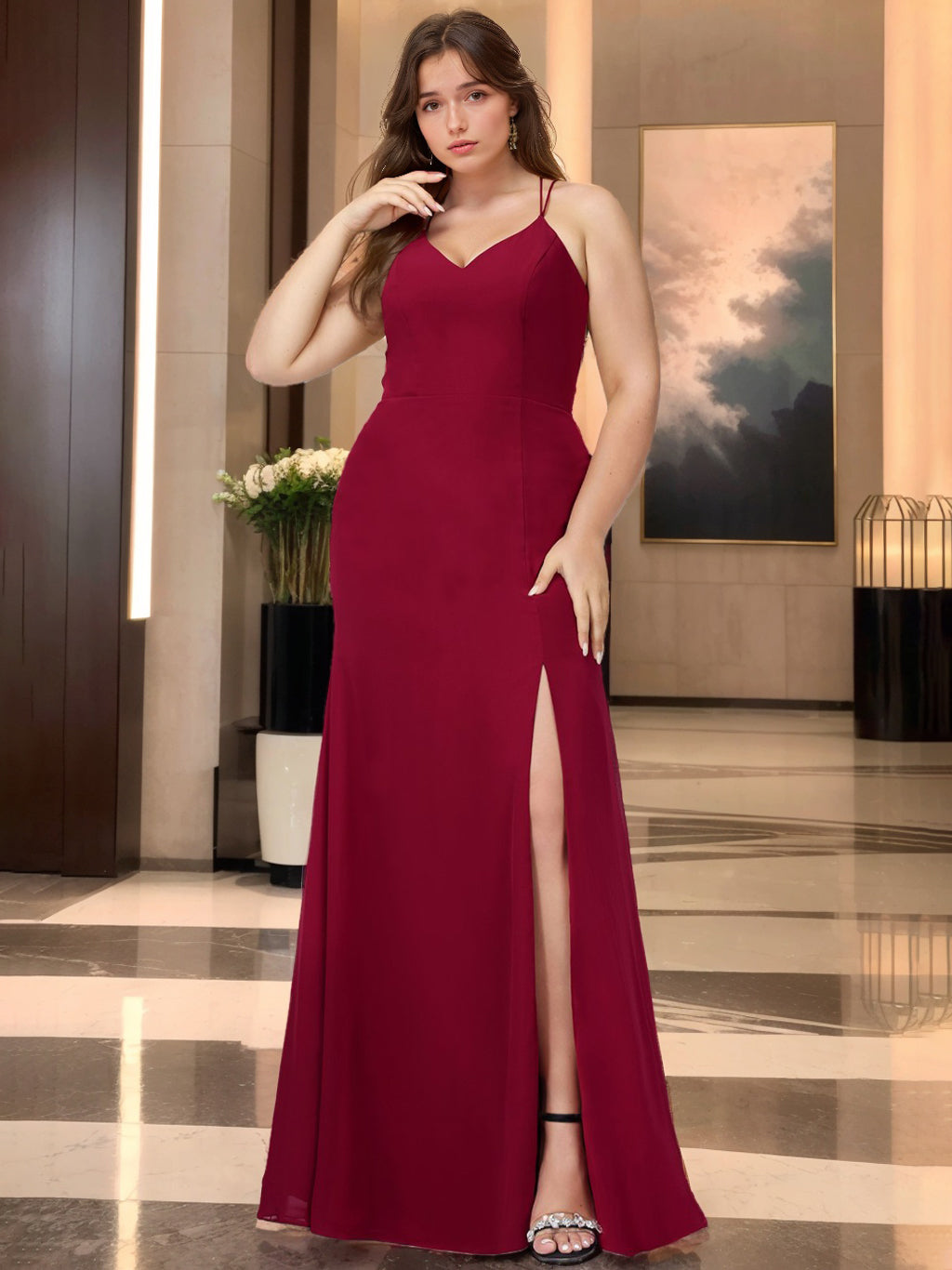 A-Line/Princess Spaghetti Straps V-Neck Sleeveless Floor-Length Plus Size Bridesmaid Dresses with Split Side