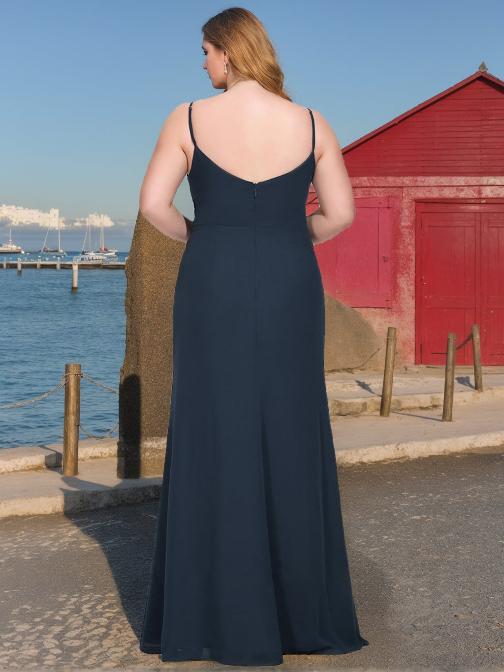 Mermaid/Trumpet Spaghetti Straps Cowl Neck Sleeveless Chiffon Plus Size Bridesmaid Dresses with Ruffles